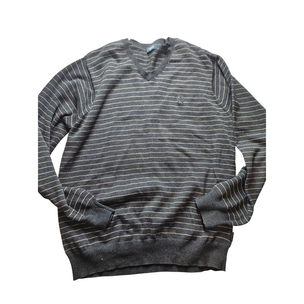 IZOD Mens V-Neck Sweater Gray Striped 100% Cotton Knit Pullover Large